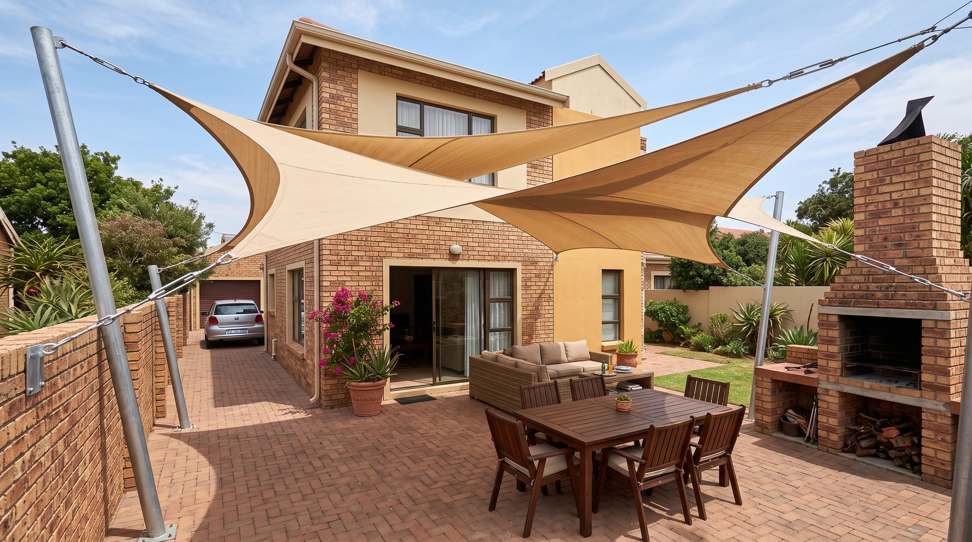 Two overlapping beige hypar shade sails over a paved patio and braai area