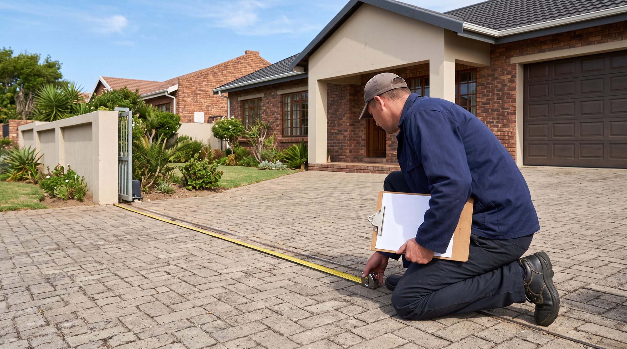 Installer measuring a paved driveway with a tape measure for a shadeport quote